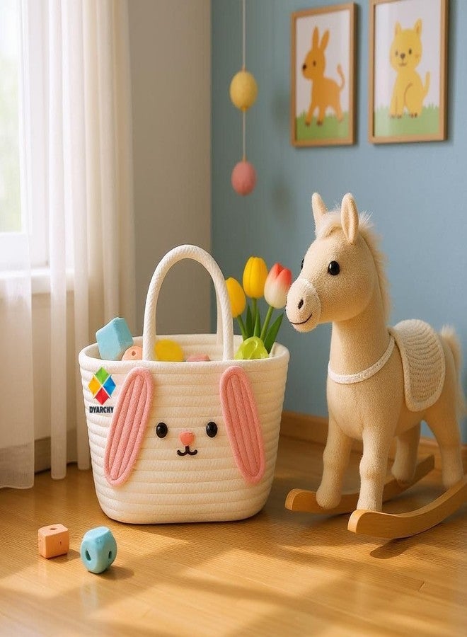 DYARCHY Cute Design Cotton Rope Storage Basket with Handles, White and Pink (PINK) - Image 3