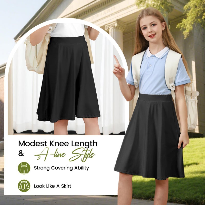 Zando Black Knee Length Skorts for Girls | A Line Skirt with Built-in Shorts | Girls Uniform Skirts Back to School Outfits for Playtime Athletic Skort Kids Size 6-14 Black 10 Years - Image 5