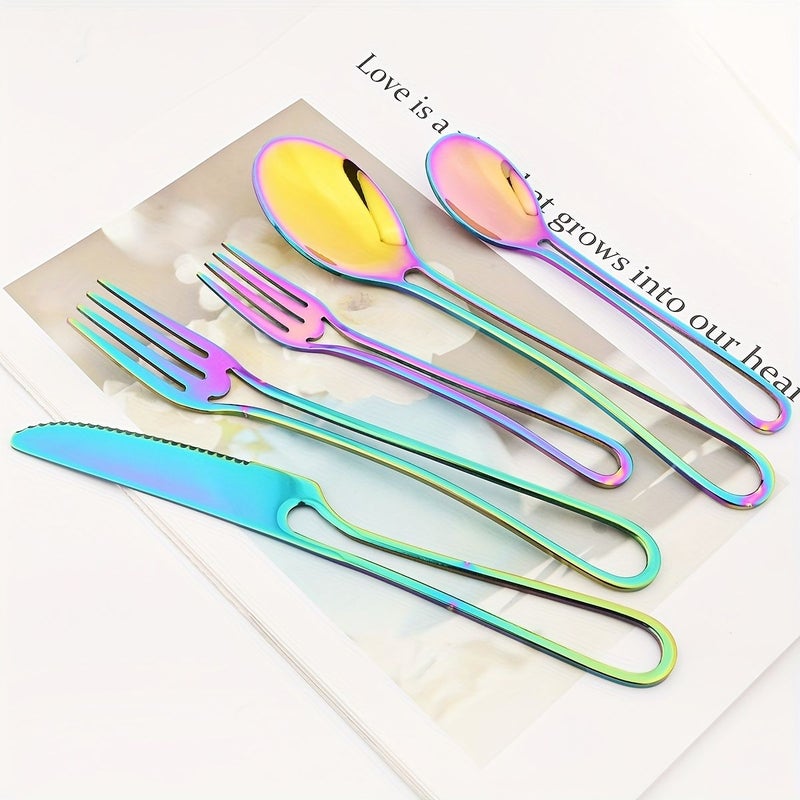 5 Piece Golden Western Mirror Stainless Steel Hollow Handle Cutlery Set Includes Dinner Knife Fork Spoon Cake Fork And Coffee Spoon For Parties Weddings Hotels Restaurants Kitchens - Image 5