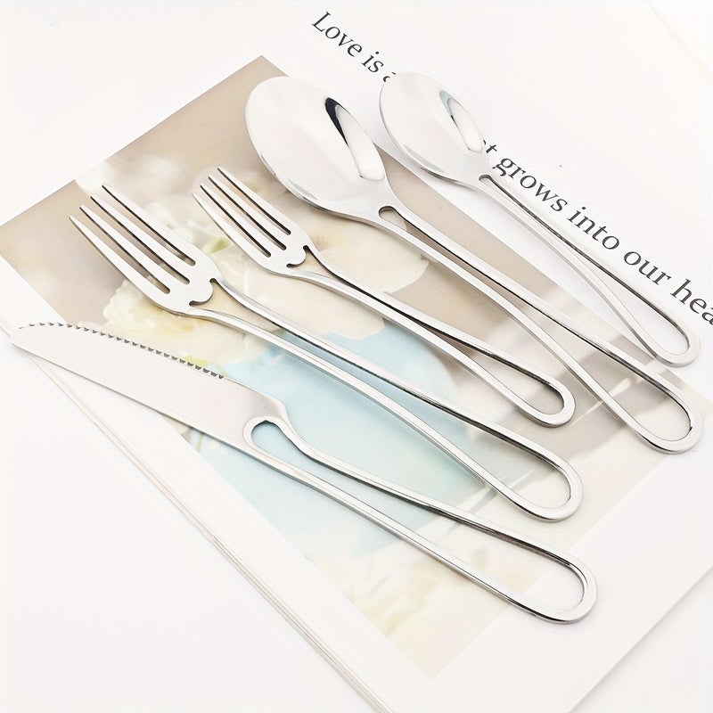 5 Piece Golden Western Mirror Stainless Steel Hollow Handle Cutlery Set Includes Dinner Knife Fork Spoon Cake Fork And Coffee Spoon For Parties Weddings Hotels Restaurants Kitchens - Image 4
