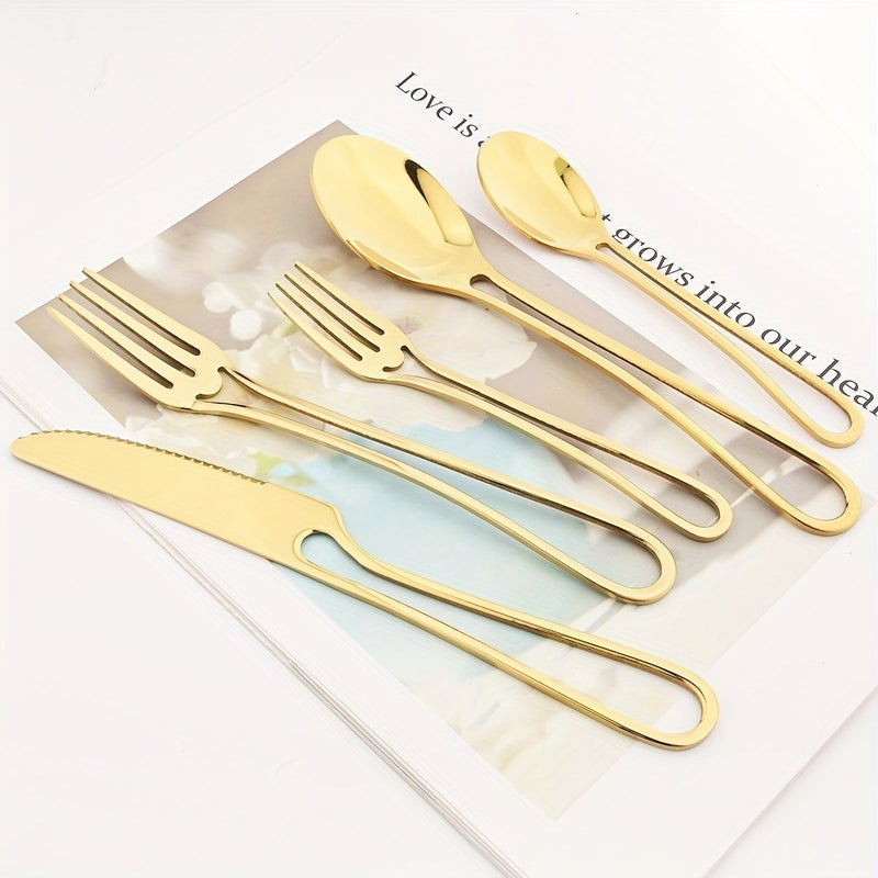 5 Piece Golden Western Mirror Stainless Steel Hollow Handle Cutlery Set Includes Dinner Knife Fork Spoon Cake Fork And Coffee Spoon For Parties Weddings Hotels Restaurants Kitchens - Image 1