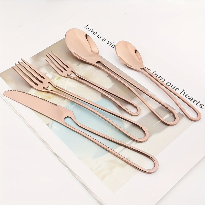 5 Piece Golden Western Mirror Stainless Steel Hollow Handle Cutlery Set Includes Dinner Knife Fork Spoon Cake Fork And Coffee Spoon For Parties Weddings Hotels Restaurants Kitchens - Image 2