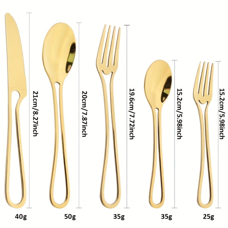 5 Piece Golden Western Mirror Stainless Steel Hollow Handle Cutlery Set Includes Dinner Knife Fork Spoon Cake Fork And Coffee Spoon For Parties Weddings Hotels Restaurants Kitchens - Image 3