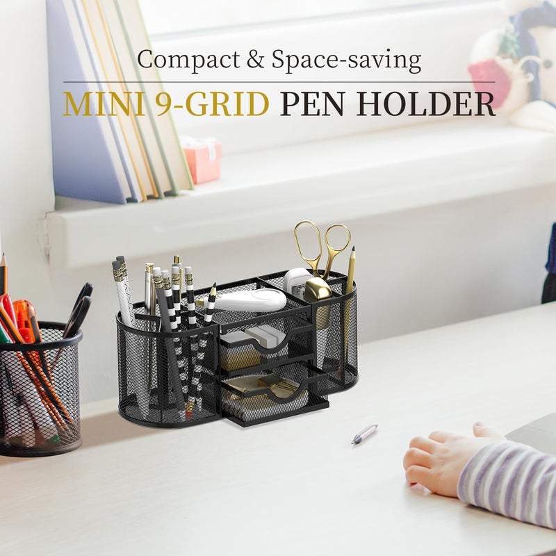 SUPEASY Mesh Desk Organizer, Desk Organizers and Accessories, Pen Holder with Drawers, Pencil Holder for Desk with 2 Drawer for Office Supplies, Black - Image 2