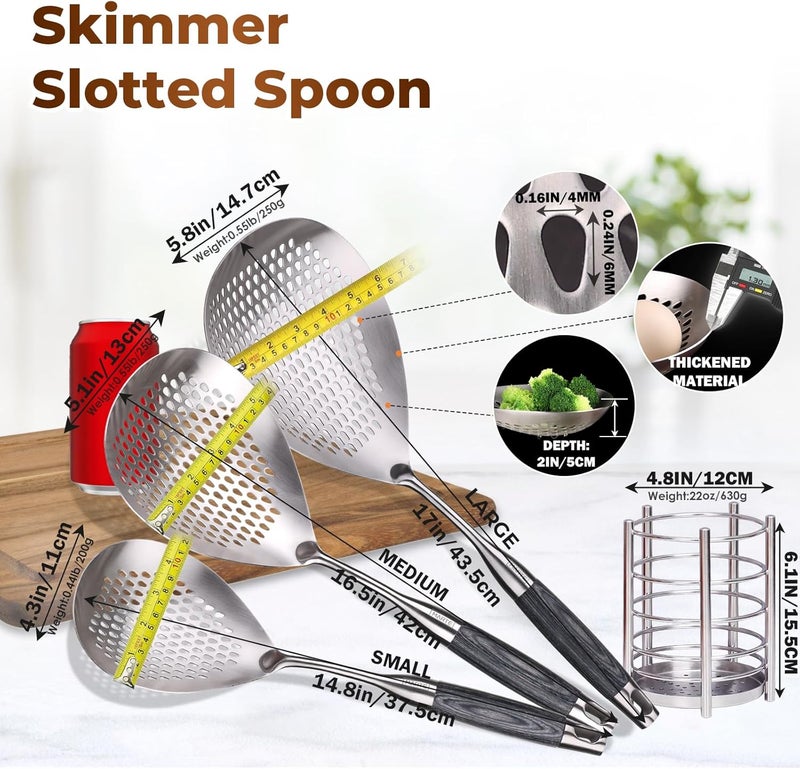 Marte Skimmer Slotted Spoon Set of 4 - Kitchen Pasta Strainer Spoon - Spider Strainer Skimmer Ladle Spoon with Holder for Cooking and Frying Food, Spaghetti, Vegetable, Dumpling - 14.8In,16.5In,17In - Image 2