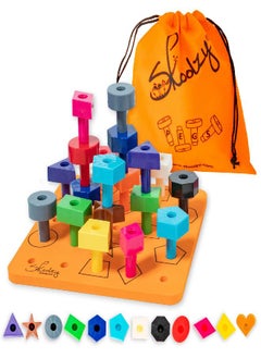 Skoolzy Stacking Toddler Peg Board 38 Piece Set - Sorting & Stacking Games Color Matching & Shape Recognition Toy for Toddlers & Preschoolers, Age 3+ Includes Pegs Foam Board Storage Bag and eBook