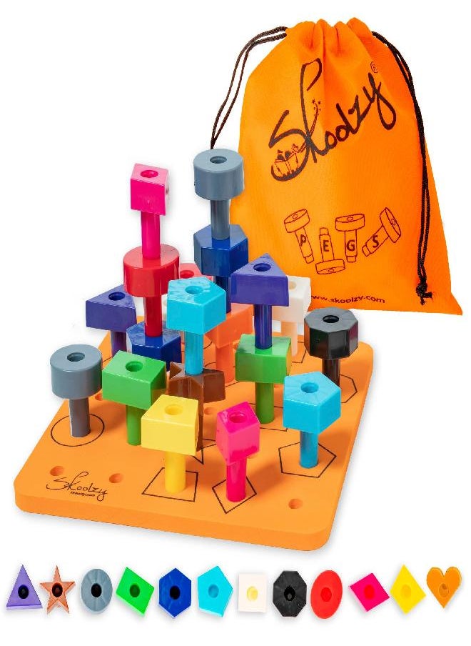 Skoolzy - Skoolzy Stacking Toddler Peg Board 38 Piece Set - Sorting & Stacking Games Color Matching & Shape Recognition Toy for Toddlers & Preschoolers, Age 3+ Includes Pegs Foam Board Storage Bag and eBook - Image 1