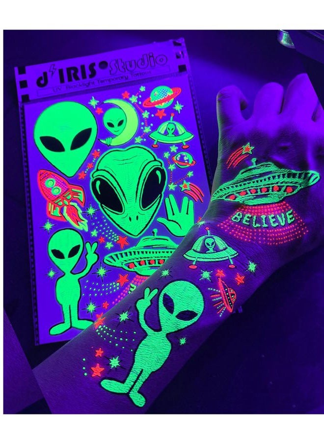 d'IRIS studio Temporary UV Blacklight Reactive Tattoos – 1 Sheet Alien UFO Design Body Art Festival Accessories Glow in the Dark Party Supplies | 7.2” x 5.2” Temp Tattoos Great for EDM EDC Party Rave Parties - Image 1
