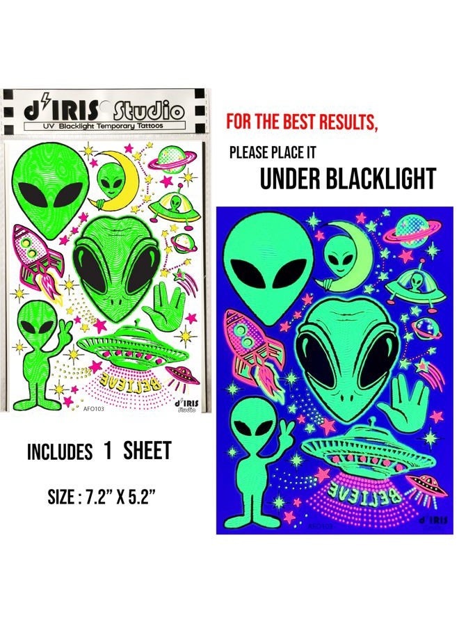 d'IRIS studio Temporary UV Blacklight Reactive Tattoos – 1 Sheet Alien UFO Design Body Art Festival Accessories Glow in the Dark Party Supplies | 7.2” x 5.2” Temp Tattoos Great for EDM EDC Party Rave Parties - Image 3