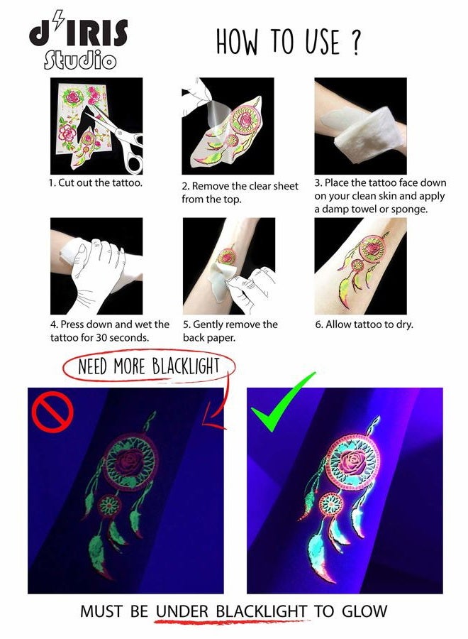 d'IRIS studio Temporary UV Blacklight Reactive Tattoos – 1 Sheet Alien UFO Design Body Art Festival Accessories Glow in the Dark Party Supplies | 7.2” x 5.2” Temp Tattoos Great for EDM EDC Party Rave Parties - Image 5