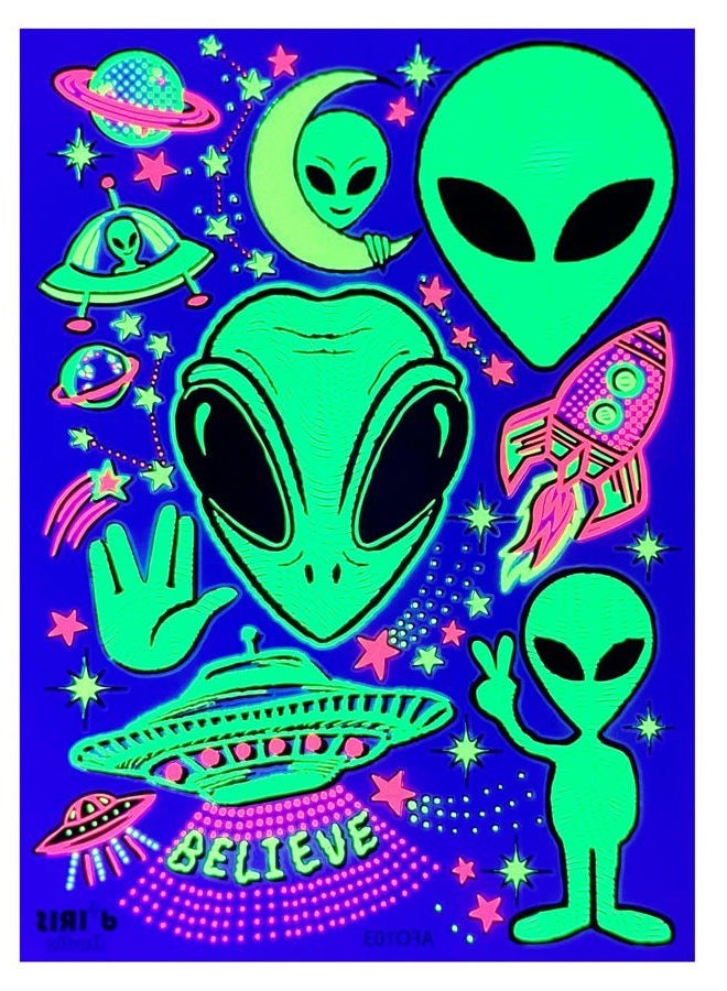 d'IRIS studio Temporary UV Blacklight Reactive Tattoos – 1 Sheet Alien UFO Design Body Art Festival Accessories Glow in the Dark Party Supplies | 7.2” x 5.2” Temp Tattoos Great for EDM EDC Party Rave Parties - Image 2