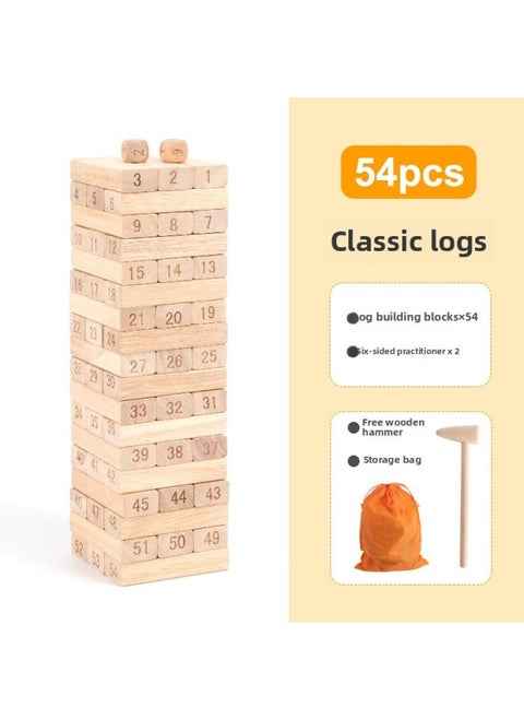 Children's Puzzle Stacking Layered High Cracking Balanced Cracking Building Blocks Stacking Wood Headline Table Game Benefit Intelligence Toys-Color:54 Pieces Of Wood Color [comes With Wooden Hammer + Storage Bag]