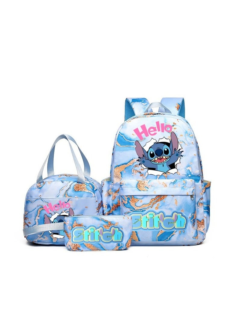 ستيتش حقيبة مدرسية مقاومة للماء بتصميم رمال متحركة ذهبية اللون من ستيتش، مناسبة للمرحلة الابتدائية والإعدادية، حقيبة ظهر للسفر للشباب، مقاس 31*43*15 سم، حقيبة غداء مقاس 27*20*20 سم، حقيبة أقلام رصاص، طقم من ثلاث قطع