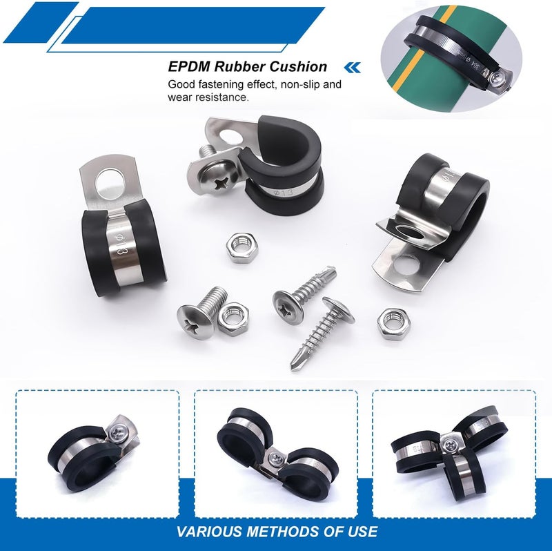 Twidec /50PCS 1/2 Inch Cable Clamp 304 Stainless Steel Rubber Coated Cushion Pipe Clamps,Metal Clamp,With Metal Rubber Clips For Automotive Wire Tube Pipe Clamps N-056-1/2 - Image 4