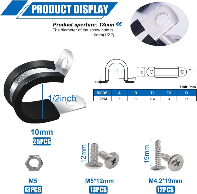 Twidec /50PCS 1/2 Inch Cable Clamp 304 Stainless Steel Rubber Coated Cushion Pipe Clamps,Metal Clamp,With Metal Rubber Clips For Automotive Wire Tube Pipe Clamps N-056-1/2 - Image 2