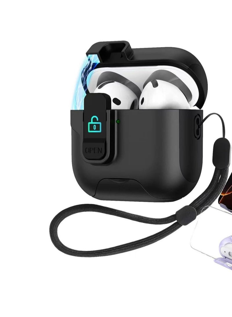 case for AirPods 4th Generation Case with Secure Lock,Shockproof Hard Protective Cover for AirPods 4th Case with Phone Holder,Airpod 4th Cases with Lanyard (Black)