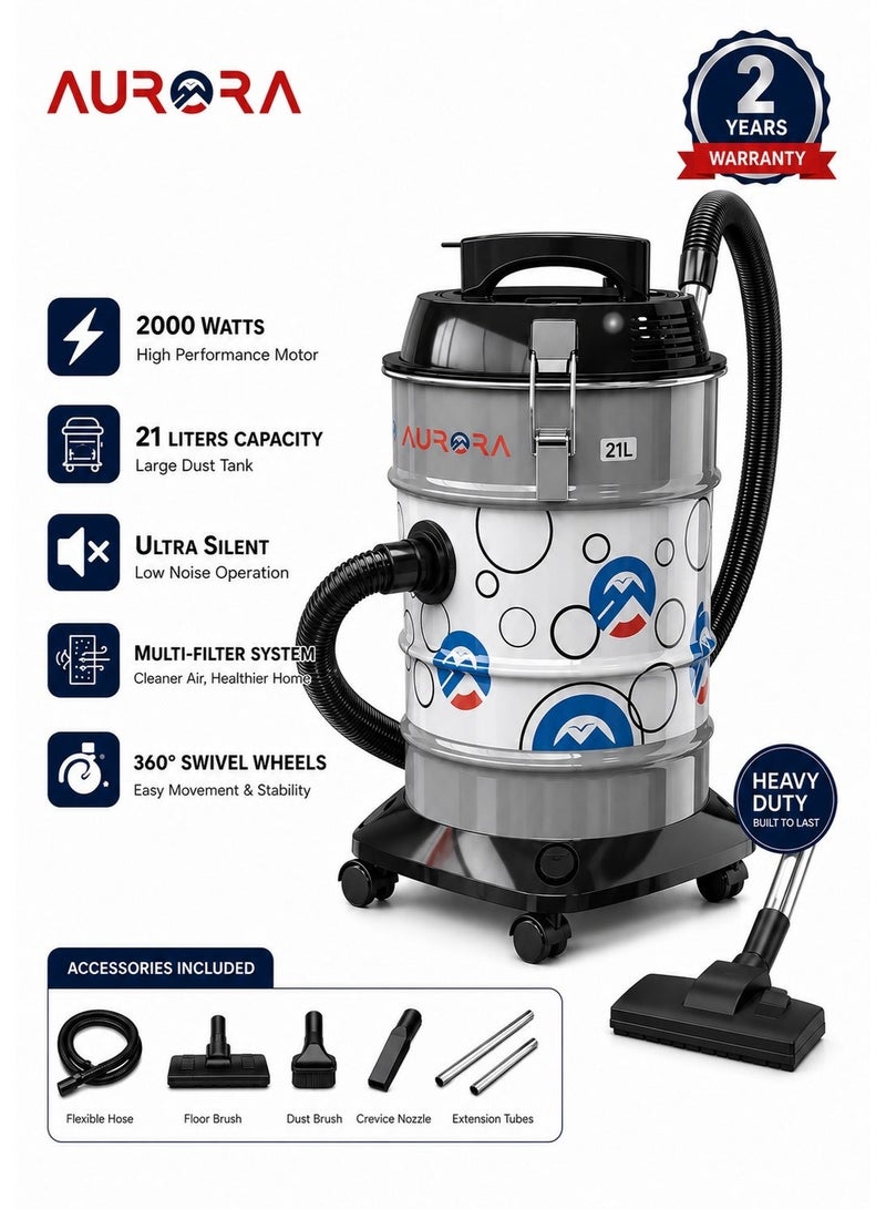 AURORA 21L Vacuum Cleaner, 2000W | High-Efficient Motor & Powerful Suction | Grey Color | Strong Metal Body | Dual-Purpose Floor Brush | Model: AR-21VSY - Image 1