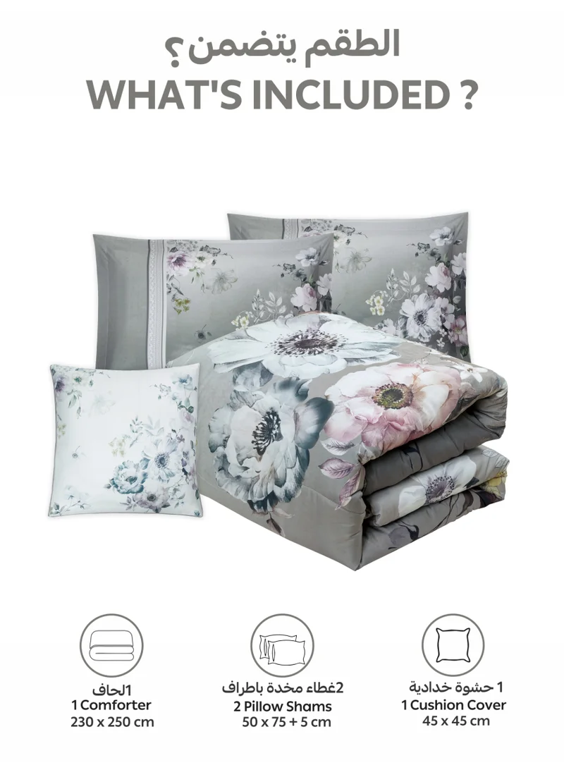 Donetella Bedding Comforter Set, King Size 250x230cm - 4-Pcs Digital Print Quilted Bed Set, Microfiber Fabric - 1 Comforter, 2 Pillow Shams,1 Cushion Cover.