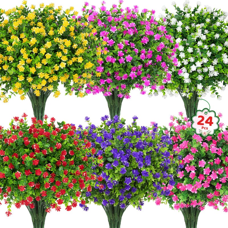 Roberly 24 Bundles Artificial Flowers for Outdoors, UV Resistant Eucalyptus Fake Flowers Shrubs Greenery Plastic Plants for Garden Porch Window Box Farmhouse Indoor Home Decor, Mixed - Image 1
