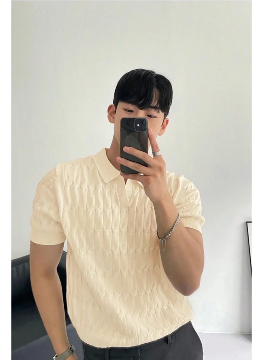 Cool Tarz Cool Style Men's Stone Thin Hair Knitted Slim Fit Polo Collar Knitwear T-Shirt