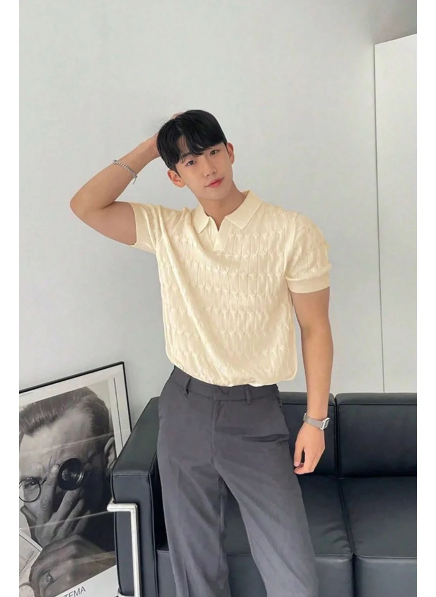 Cool Tarz Cool Style Men's Stone Thin Hair Knitted Slim Fit Polo Collar Knitwear T-Shirt