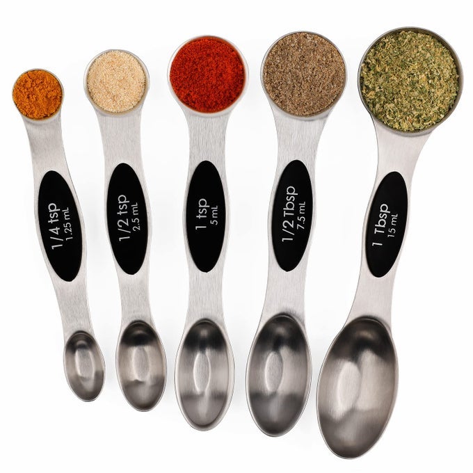 MAGNETIC MEASURING SPOONS SET OF 5 STAINLESS STEEL DUAL SIDED STACKABLE TEASPOON FOR MEASURING DRY AND LIQUID INGREDIENTS