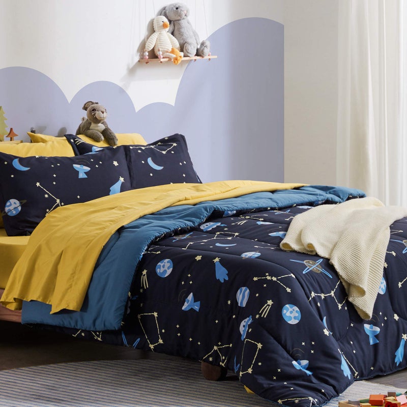 SLEEP ZONE Kids Twin Bedding Comforter Set Super Cute Soft Kids Bedding Bed in a Bag 5 Pieces Set with Comforter Sheet Pillowcase Sham Navy Galaxy