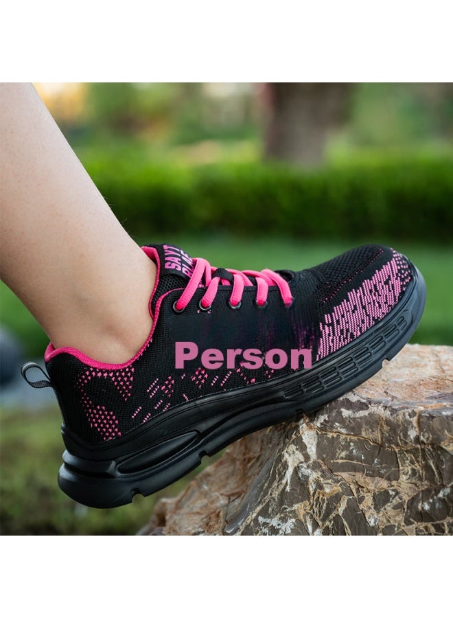 Old housekeeper Laoguanjia Safety Shoes For Women, Ultra-light Flyknit Breathable Steel Toe Anti-smashing Anti-puncture Comfortable Women's Special Small Size Rubber-plastic Solid Sole Wear-resistant Safety Work Functional Shoes Sports 278 Black And Red 34  - Image 2