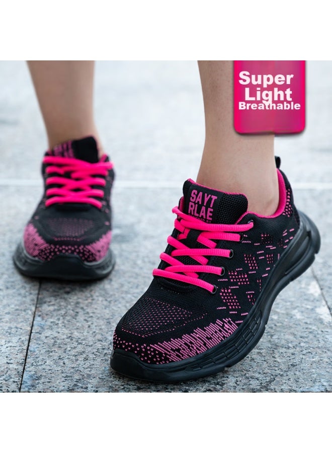 Old housekeeper Laoguanjia Safety Shoes For Women, Ultra-light Flyknit Breathable Steel Toe Anti-smashing Anti-puncture Comfortable Women's Special Small Size Rubber-plastic Solid Sole Wear-resistant Safety Work Functional Shoes Sports 278 Black And Red 34  - Image 5