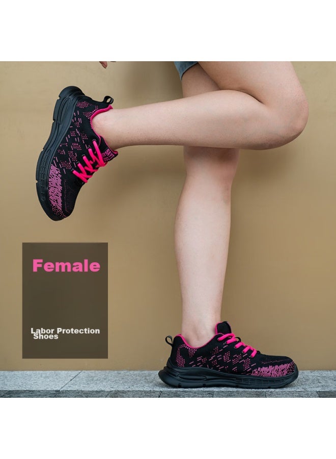 Old housekeeper Laoguanjia Safety Shoes For Women, Ultra-light Flyknit Breathable Steel Toe Anti-smashing Anti-puncture Comfortable Women's Special Small Size Rubber-plastic Solid Sole Wear-resistant Safety Work Functional Shoes Sports 278 Black And Red 34  - Image 1