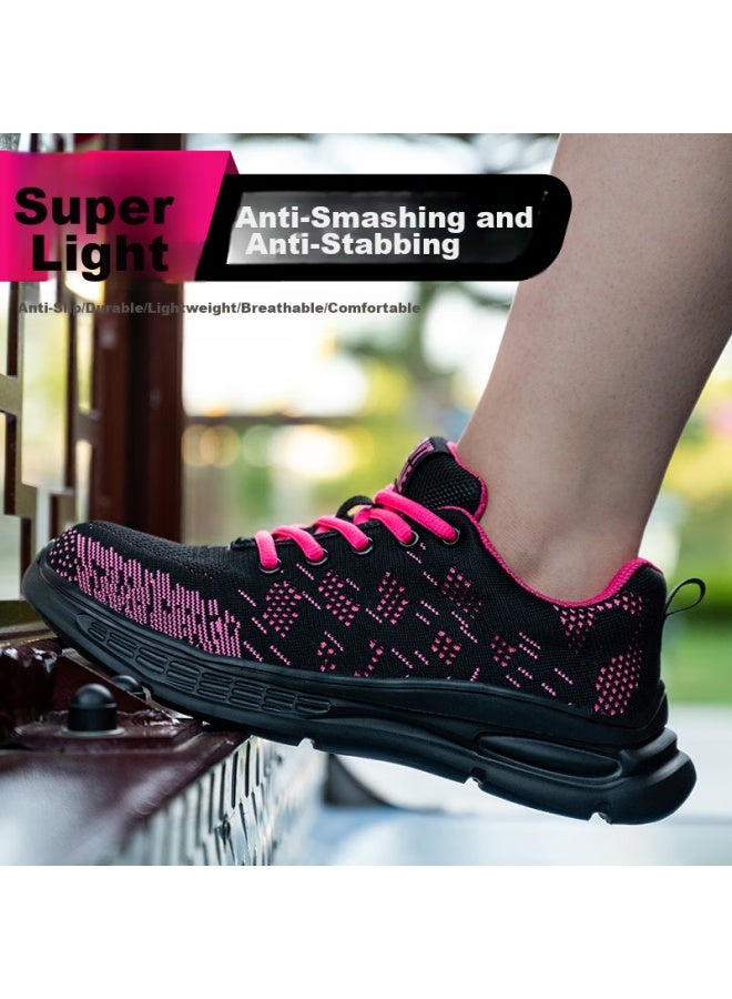 Old housekeeper Laoguanjia Safety Shoes For Women, Ultra-light Flyknit Breathable Steel Toe Anti-smashing Anti-puncture Comfortable Women's Special Small Size Rubber-plastic Solid Sole Wear-resistant Safety Work Functional Shoes Sports 278 Black And Red 34  - Image 4