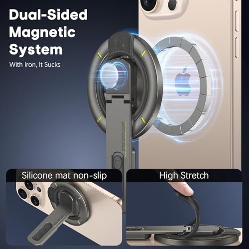 US LITE 360° Magnetic Mobile Stand with Fidget Button Grip | Foldable Kickstand Holder | Adjustable Viewing Angles | Dual Magnet Mount | Soft Silicone Grip Loop for All Smartphones - Black - Image 4