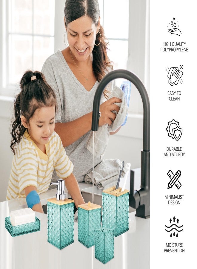 RRM Bathroom Accessory Set, Grid Pattern 5 Pcs Plastic Bathroom Set Include Qtip Holder Dispenser, Soap Dispenser, Soap Dish, Toothbrush Holder, Mousewash Cup, Modern Bathroom Décor Set(Teal) - Image 2