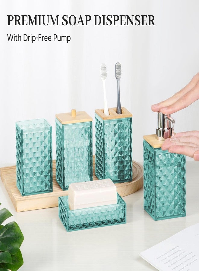 RRM Bathroom Accessory Set, Grid Pattern 5 Pcs Plastic Bathroom Set Include Qtip Holder Dispenser, Soap Dispenser, Soap Dish, Toothbrush Holder, Mousewash Cup, Modern Bathroom Décor Set(Teal) - Image 3