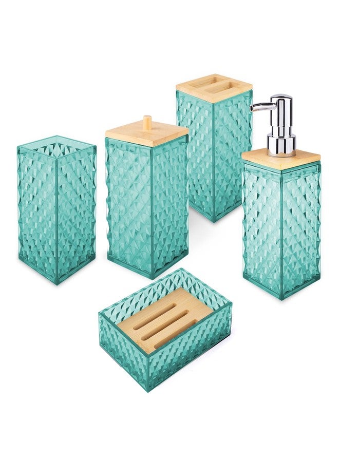 RRM Bathroom Accessory Set, Grid Pattern 5 Pcs Plastic Bathroom Set Include Qtip Holder Dispenser, Soap Dispenser, Soap Dish, Toothbrush Holder, Mousewash Cup, Modern Bathroom Décor Set(Teal) - Image 1