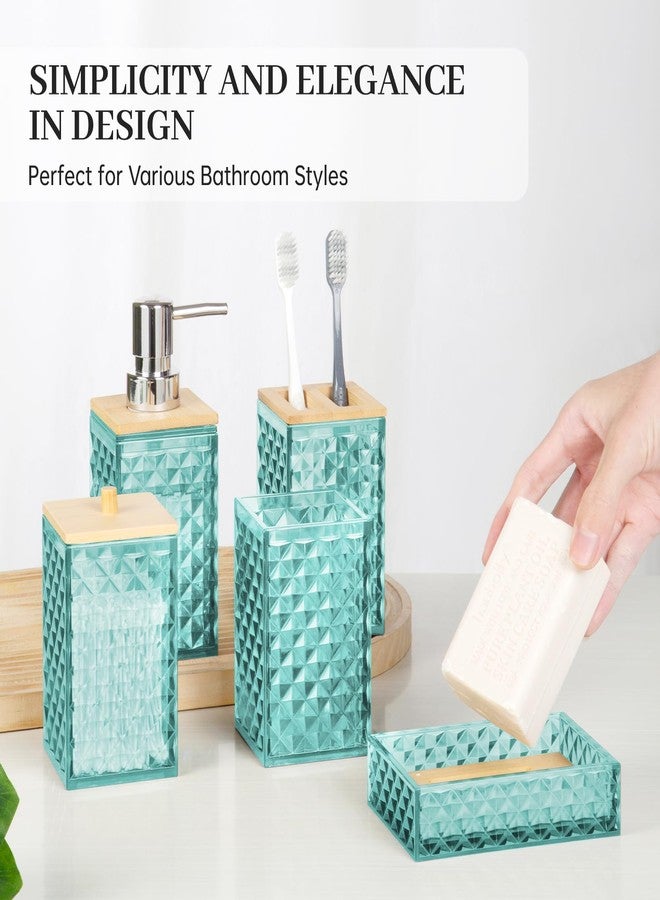 RRM Bathroom Accessory Set, Grid Pattern 5 Pcs Plastic Bathroom Set Include Qtip Holder Dispenser, Soap Dispenser, Soap Dish, Toothbrush Holder, Mousewash Cup, Modern Bathroom Décor Set(Teal) - Image 4