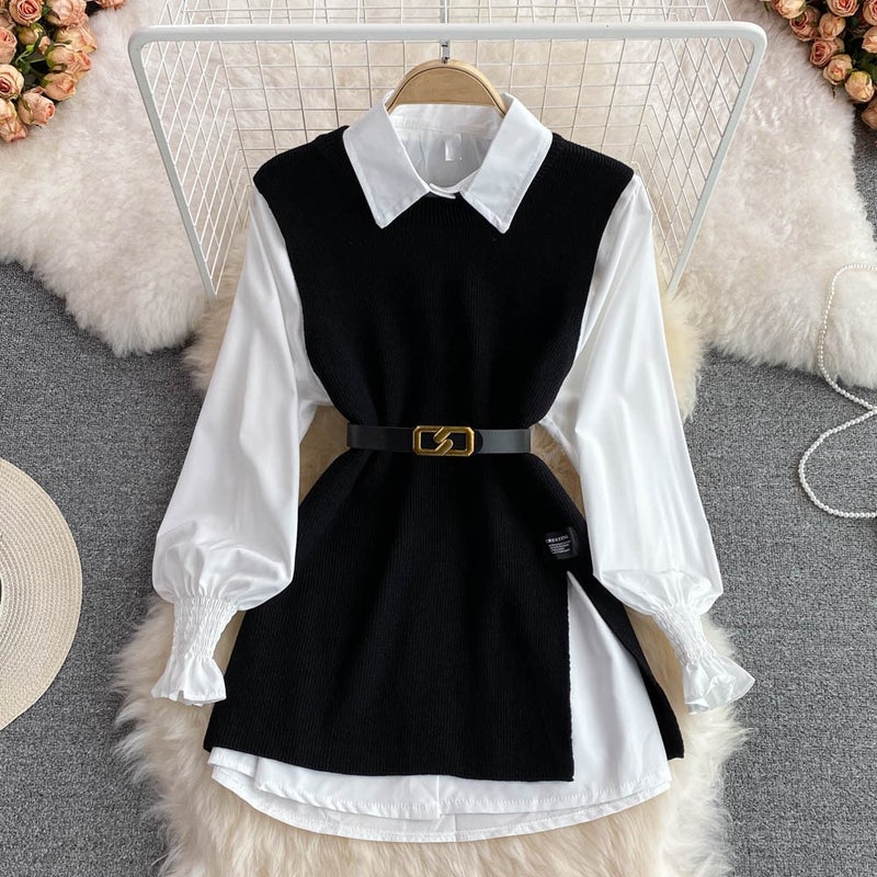 Spring Autumn Casual Knit Vest and Shirt Set for Women Black two-piece set