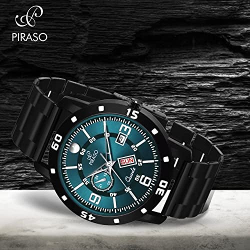 PIRASO Analog Day and Date Working Display Blue DIAL & Black Chain Watch for Men & Boys - Image 3