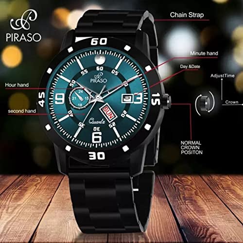 PIRASO Analog Day and Date Working Display Blue DIAL & Black Chain Watch for Men & Boys - Image 5