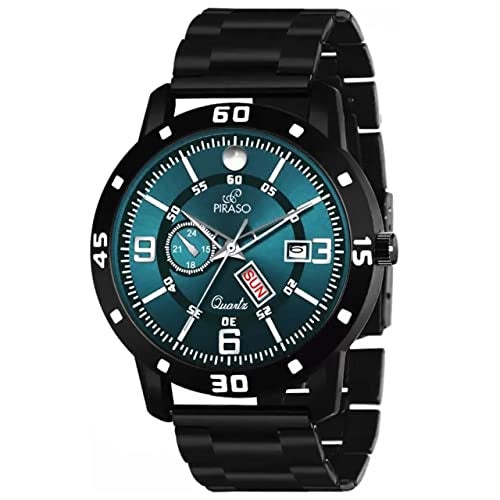PIRASO Analog Day and Date Working Display Blue DIAL & Black Chain Watch for Men & Boys - Image 1