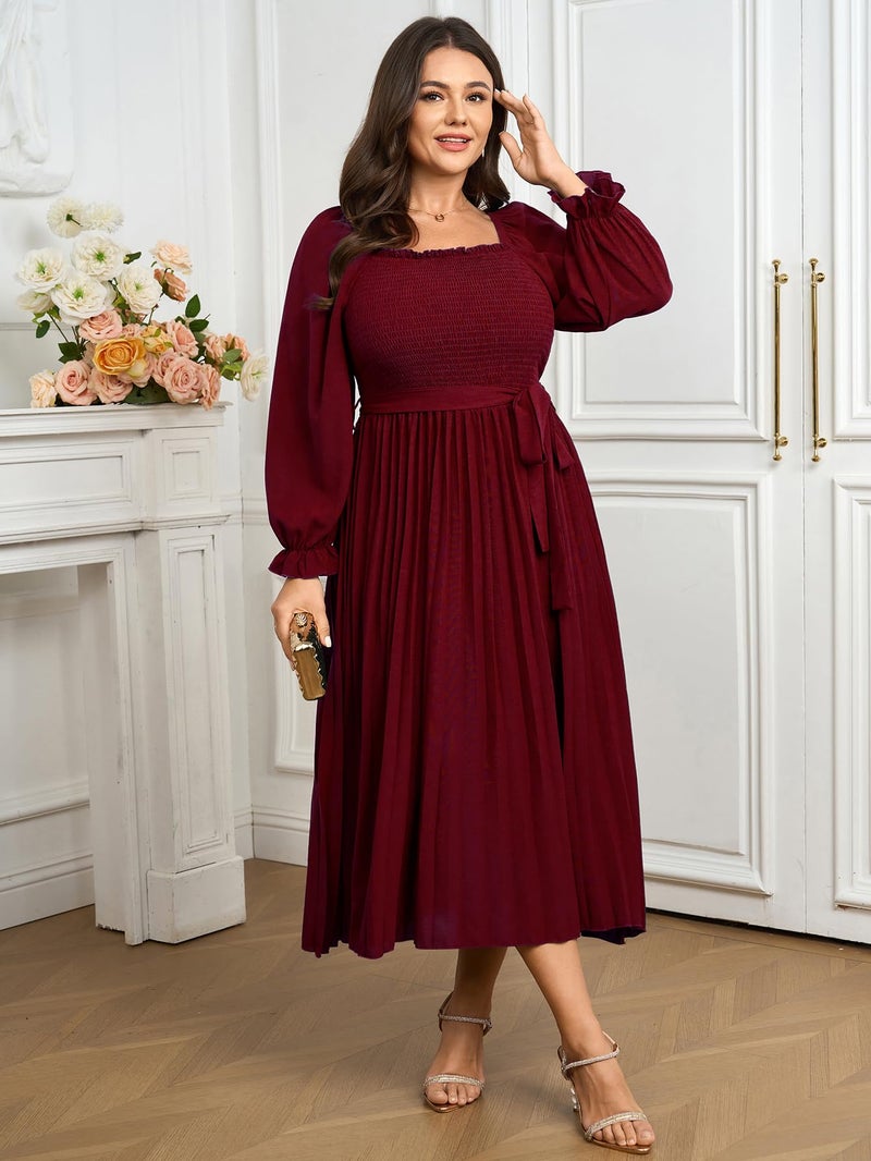 SHESTARR Women's Plus Size Dress Long Sleeve Smocked Square Neck Ruffle Pleated Flowy Wedding Guest Maxi Fall Dress Red - Image 2