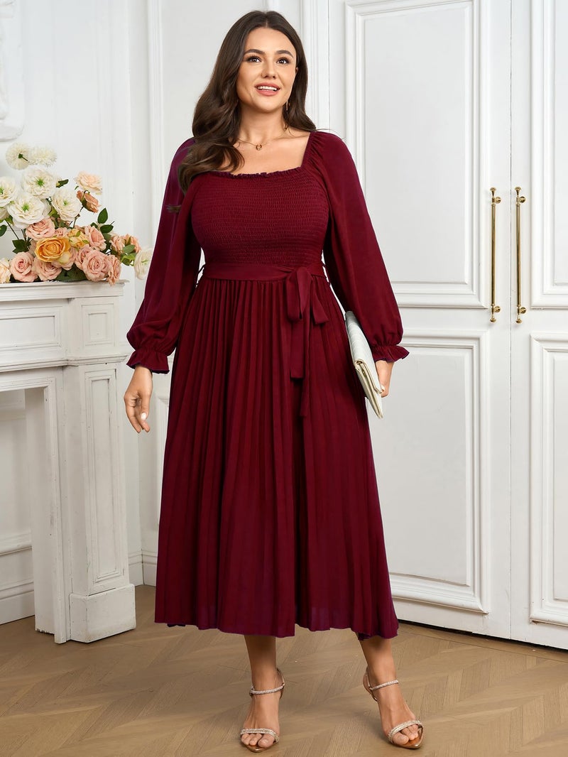 SHESTARR Women's Plus Size Dress Long Sleeve Smocked Square Neck Ruffle Pleated Flowy Wedding Guest Maxi Fall Dress Red - Image 3
