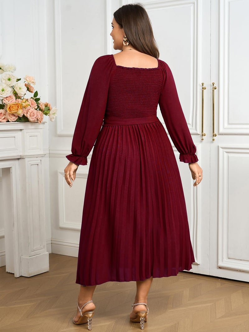 SHESTARR Women's Plus Size Dress Long Sleeve Smocked Square Neck Ruffle Pleated Flowy Wedding Guest Maxi Fall Dress Red - Image 5
