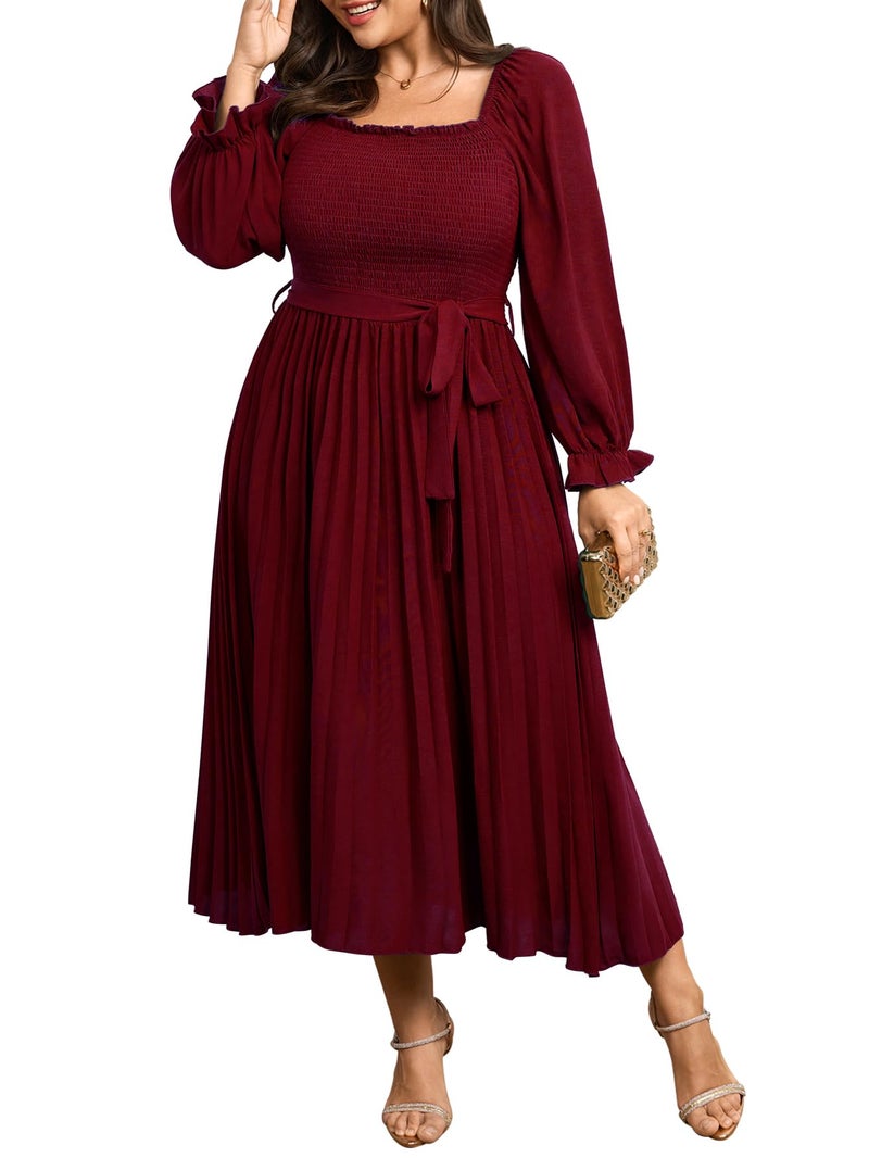 SHESTARR Women's Plus Size Dress Long Sleeve Smocked Square Neck Ruffle Pleated Flowy Wedding Guest Maxi Fall Dress Red - Image 1