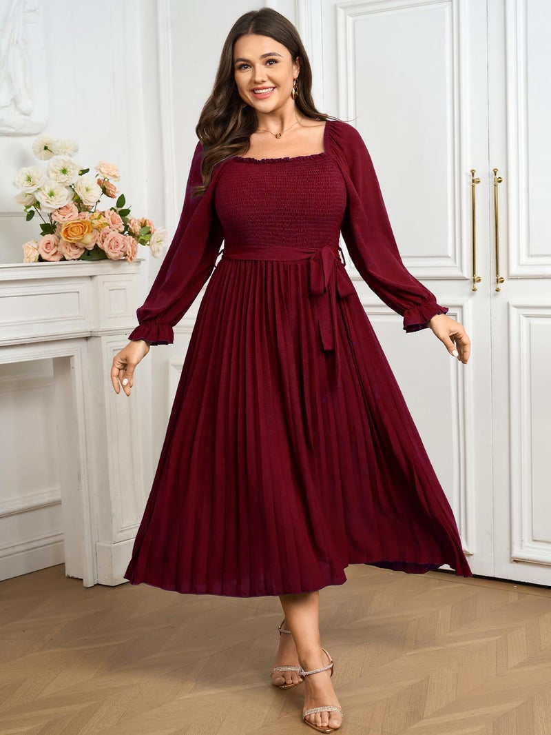 SHESTARR Women's Plus Size Dress Long Sleeve Smocked Square Neck Ruffle Pleated Flowy Wedding Guest Maxi Fall Dress Red - Image 4