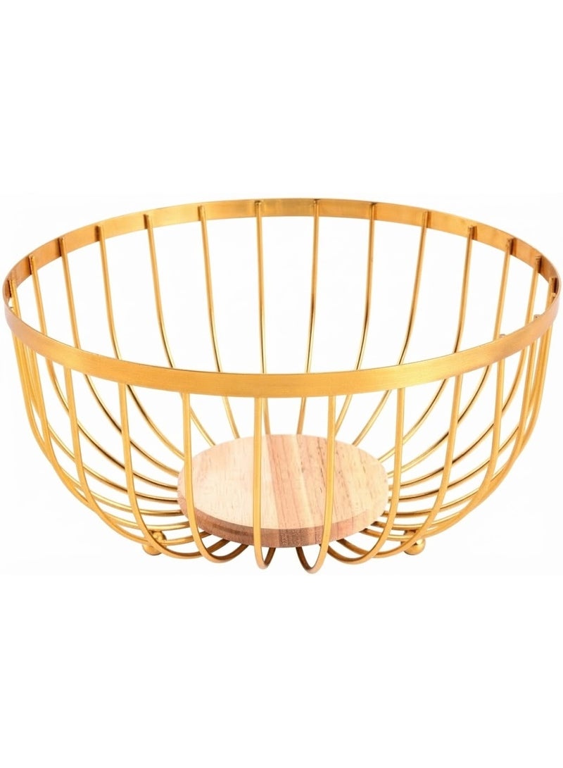Round metal fruit bowl for serving and decoration with a bamboo wood base, multi-colored - Image 1