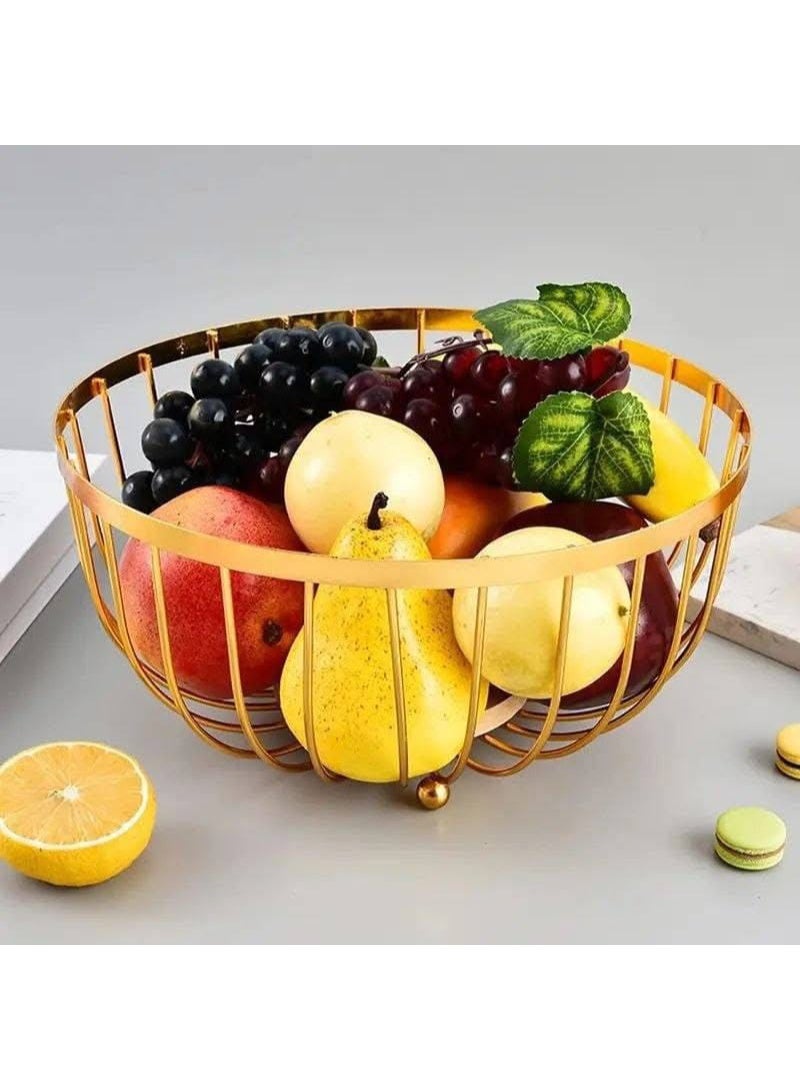 Round metal fruit bowl for serving and decoration with a bamboo wood base, multi-colored - Image 3