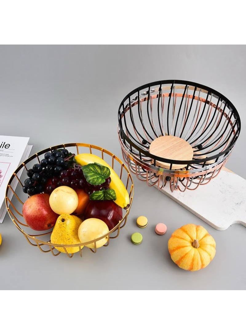 Round metal fruit bowl for serving and decoration with a bamboo wood base, multi-colored - Image 2