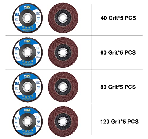 MIDO PROFESSIONAL ABRASIVE Flap Disc 4 1/2 inch 20 Pack for Angle Grinder Sanding Disc Assorted Grit 40 60 80 120 Aluminum Oxide Sanding Grinding Wheels 4.5 x 7/8 Inch Flat Type #27 - Image 3