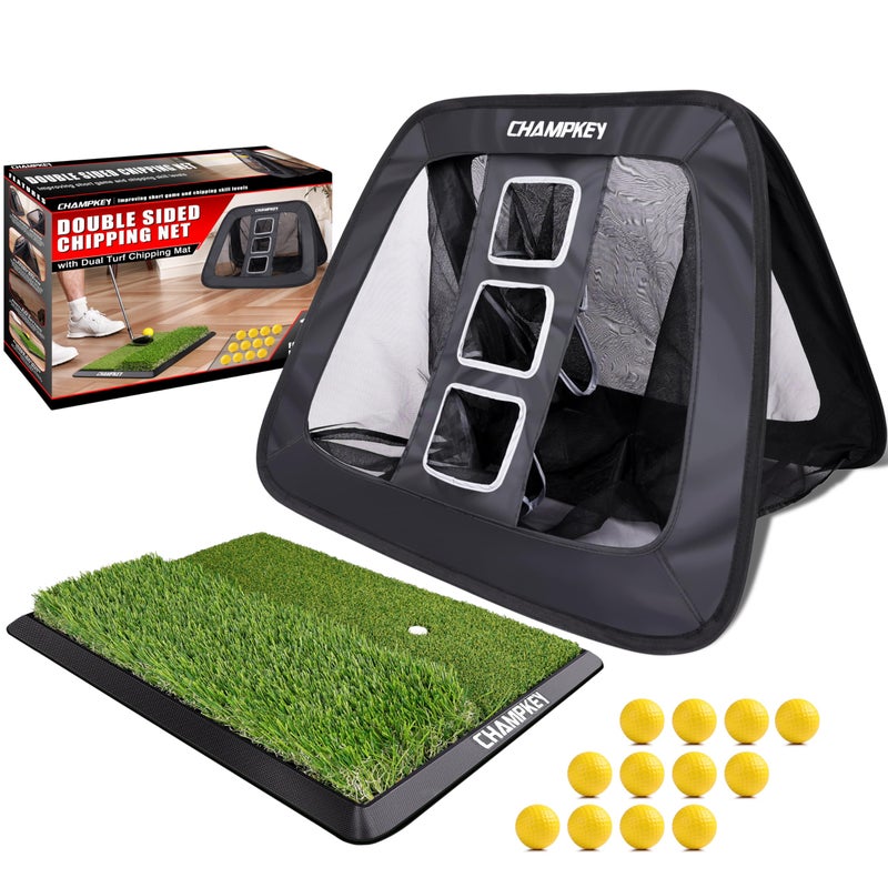 CHAMPKEY Double -Sided Golf Chipping Net with Mat and 12 Foam Balls - Professional Golf Practice Net Ideal for Indoor and Outdoor Training - Image 1